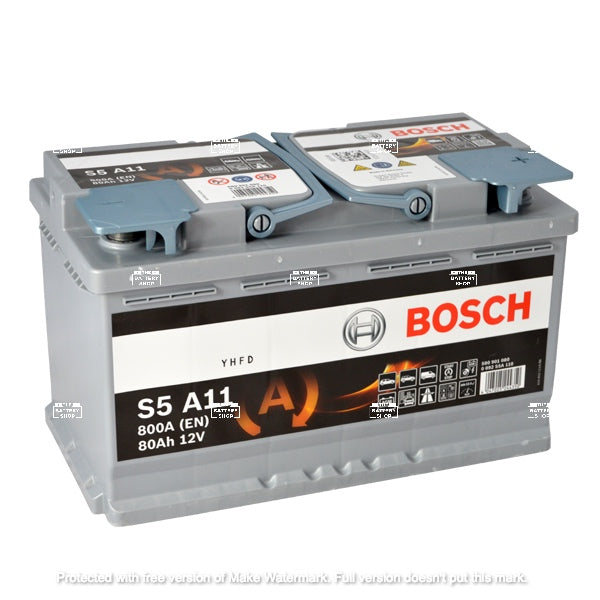BOSCH AGM DIN 80 automotive battery with positive terminal on top, marked with S5 A11 800A 80Ah 12V.