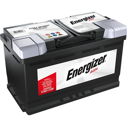 ENERGIZER AGM DIN 80 automotive battery with positive terminal on top, marked with EA80L4 800A 80Ah 12V. Egypt
