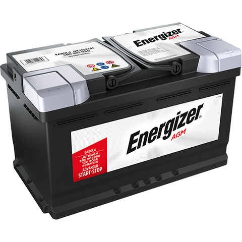ENERGIZER AGM DIN 80 automotive battery with positive terminal on top, marked with EA80L4 800A 80Ah 12V. Egypt