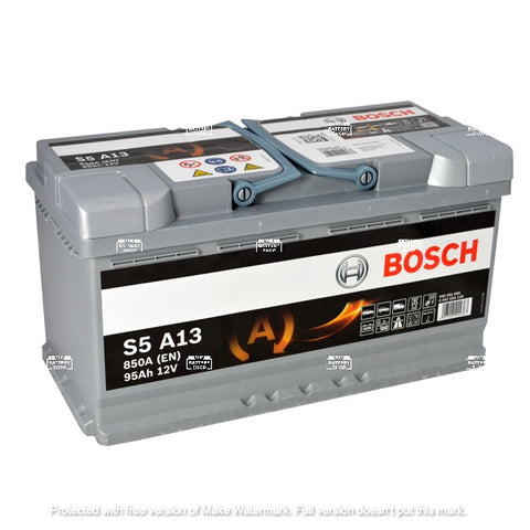 BOSCH AGM DIN 95 automotive battery with positive terminal on top, marked with S5 A13 850A 95Ah 12V.