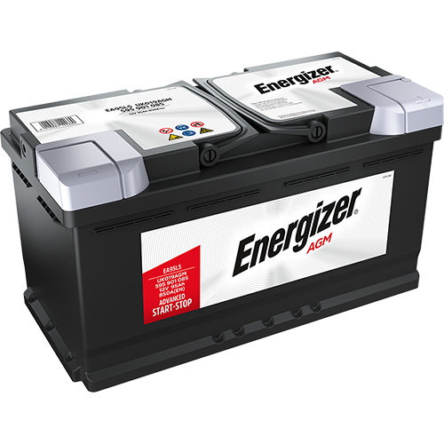 ENERGIZER AGM DIN 95 automotive battery with positive terminal on top, marked with EA95L5 850A 95Ah 12V. Egypt