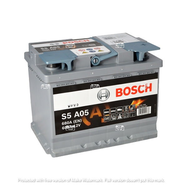 BOSCH AGM DIN 60 automotive battery with positive terminal on top, marked with S5 A05 680A 60Ah 12V. Egypt